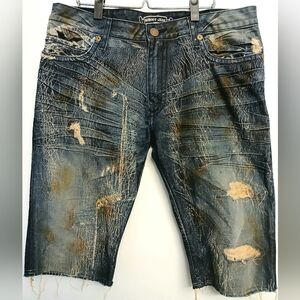 ROBINS JEANS Men's Blue Cotton DISTRESSED Studded Destroyed Denim SHORTS Sz 36